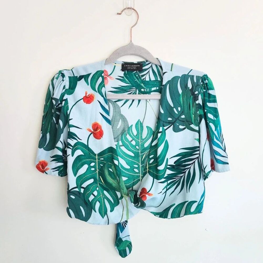 Zara Tropical Leaf Crop Top Tie Front Size XS